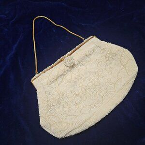 Vtg H.A&E. SMITH LTD Bermuda Cream BEADED Embroidered Purse Handbag  French Made